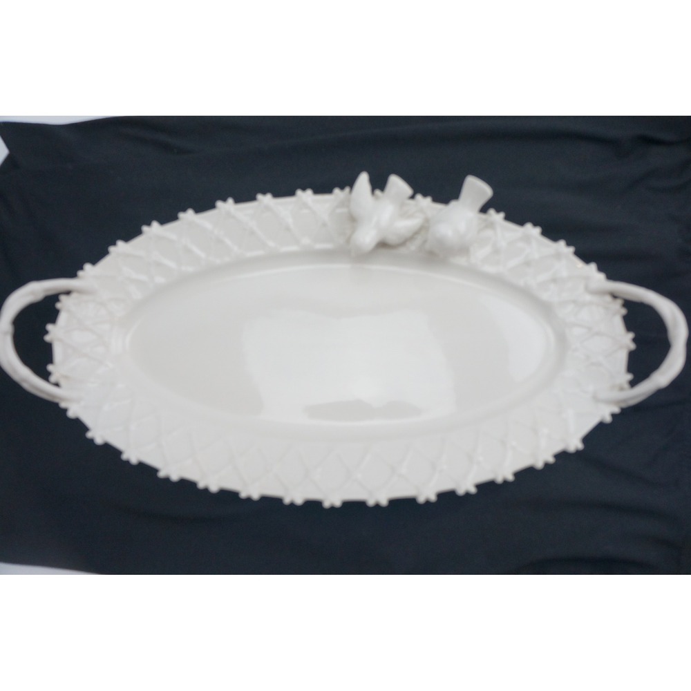 Grace Tea Ware Serving Platter White Bird Lattice Ceramic Oval Tray Excellent